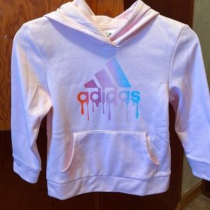 Adidas girls sweatshirt hoodie, light pink, size 5, NWT, pocket in front.